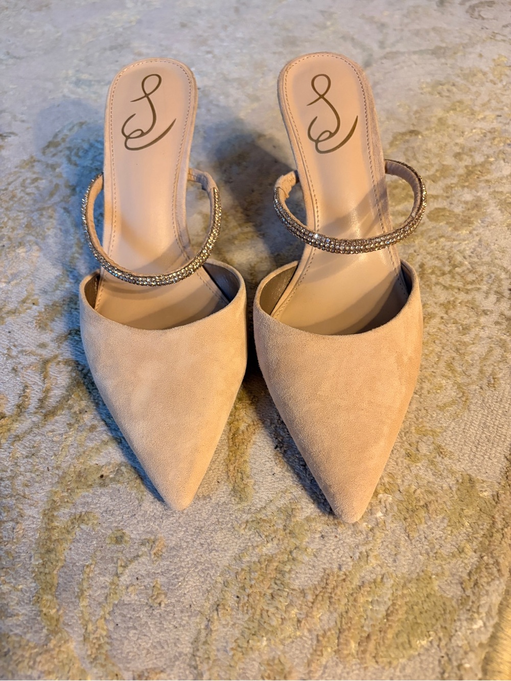 Sam Edelman Beige Pointed-Toe Mules with Rhinestone Strap